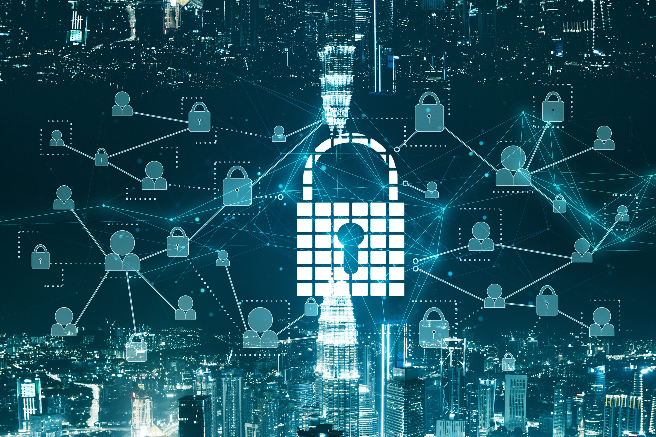 Ilustración abstracta de red digital con nodos y un candado central, asociada a protección de datos